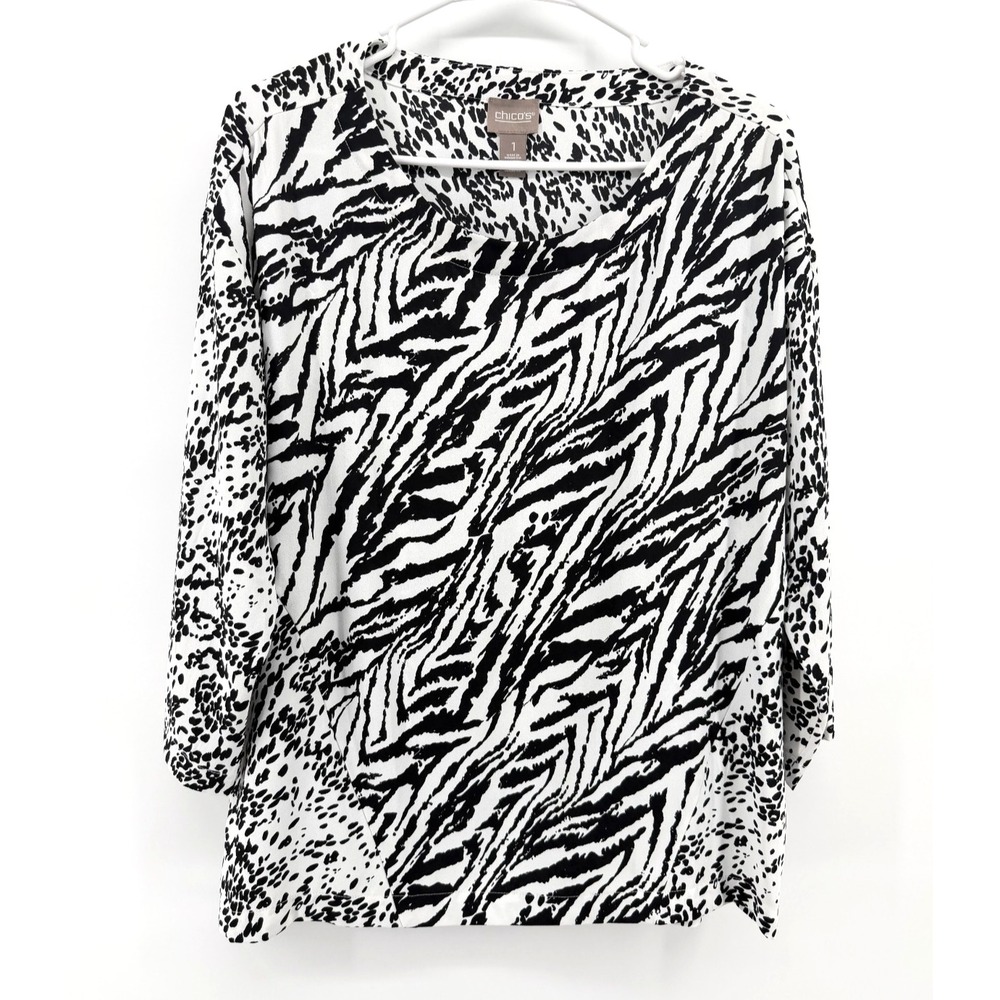 Chicos Animal Print Blouse Black White Zebra Leopard Top Pullover 3/4 Women M/1